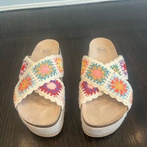 DL Dirty Laundry Plays Crochet Wedge Sandals